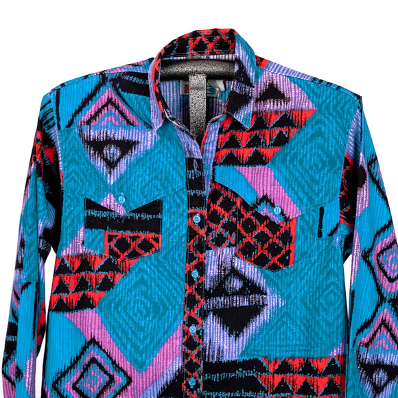 Vintage 90s Women's Wrangler Western Shirt LARGE Statement Aztec Tribal Colorful - Picture 3 of 7